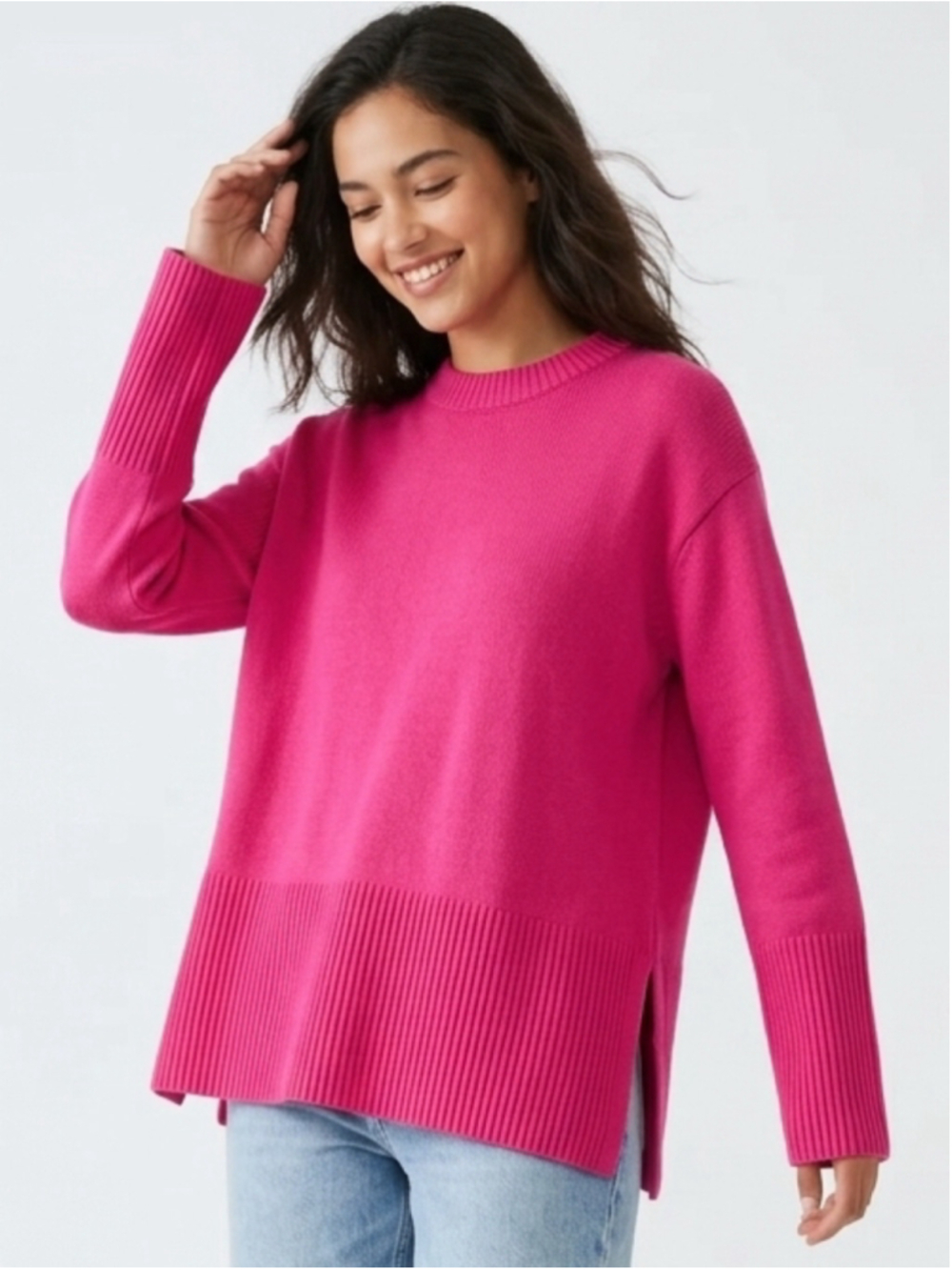 Women's GAP Bright Hot Pink Cotton Knit Crewneck Sweater Split Hem Size L